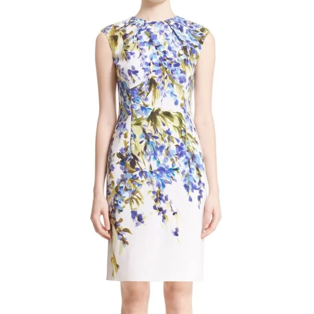 St. John Budding White and Purple Floral Print Stretch Sheath Silk Dress Size 8